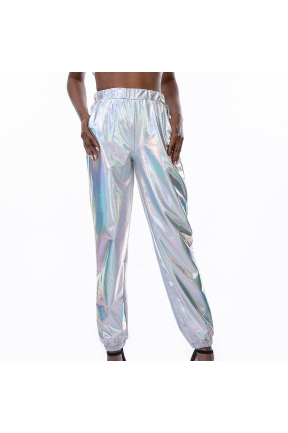 Womens Shiny Metallic High Waist Stretchy Jogger Pants Hip Hop Club Wear Holographic Trousers Sweatpant