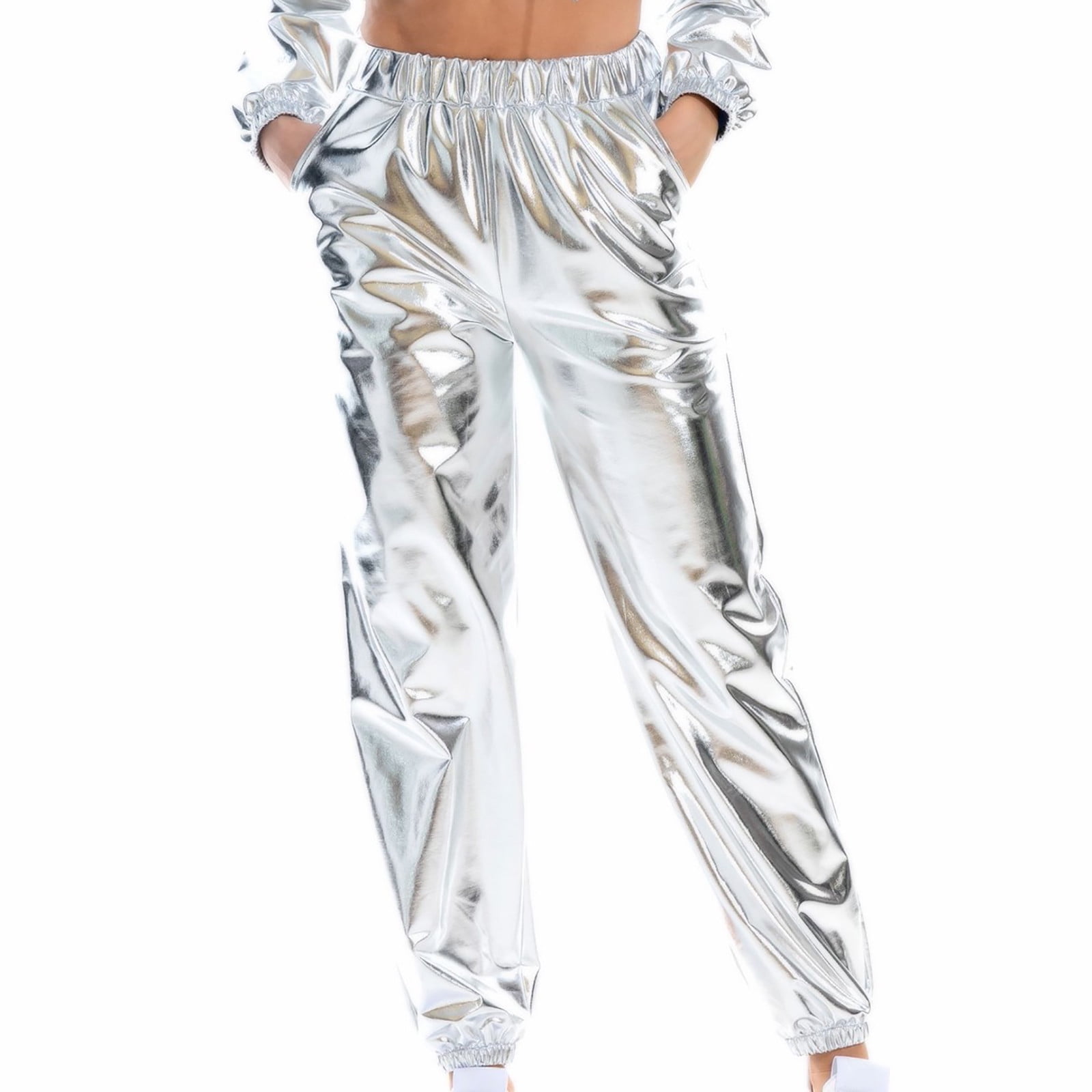 Womens Shiny Metallic High Waist Stretchy Jogger Pants Hip Hop Club Wear Holographic Trousers Sweatpant