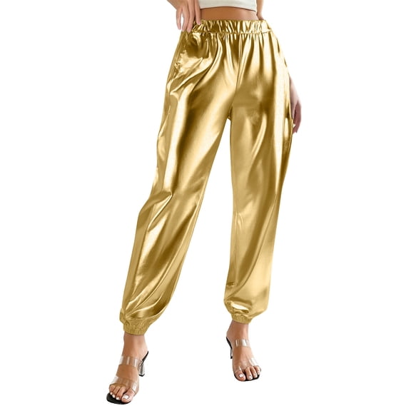 Womens Shiny Metallic High Waist Stretchy Jogger Pants Holographic Hip Hop Club Wear Streetwear