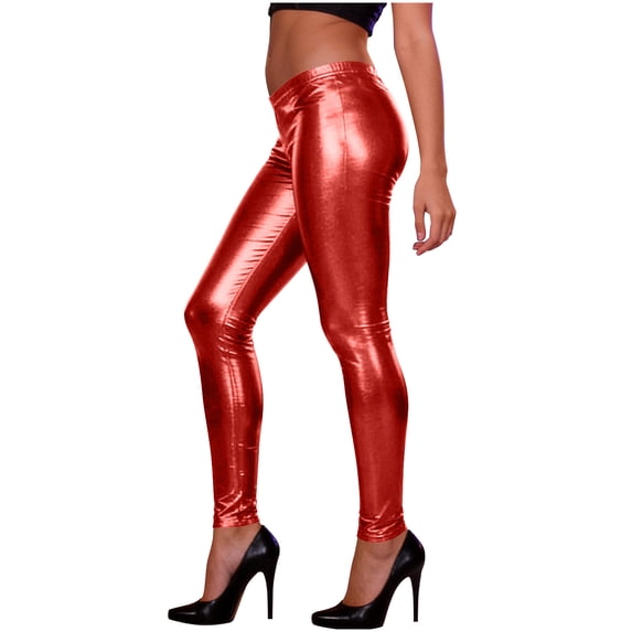 Womens Shiny Metallic Leggings Spring Summer High Waist Stretch Tights Workout Club Party Faux Leather Pants Red Free Size