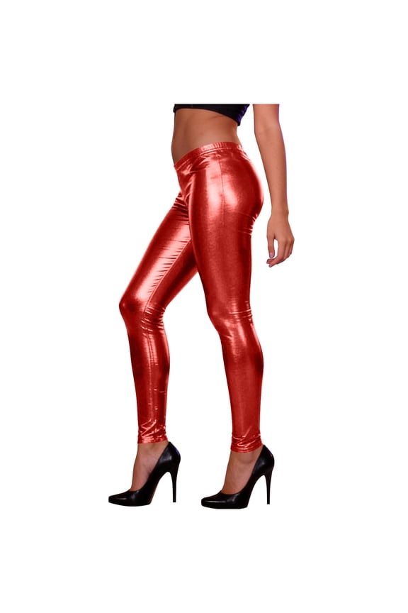 Womens Shiny Metallic Leggings Spring Summer High Waist Stretch Tights Workout Club Party Faux Leather Pants Red Free Size