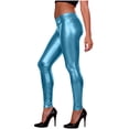 thumbnail image 1 of Womens Shiny Metallic Leggings Spring Summer High Waist Stretch Tights Workout Club Party Faux Leather Pants Sky Blue Free Size, 1 of 6