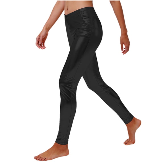 Womens Shiny Metallic Leggings Spring Summer High Waist Stretch Tights Workout Club Party Pants with Pockets Black L