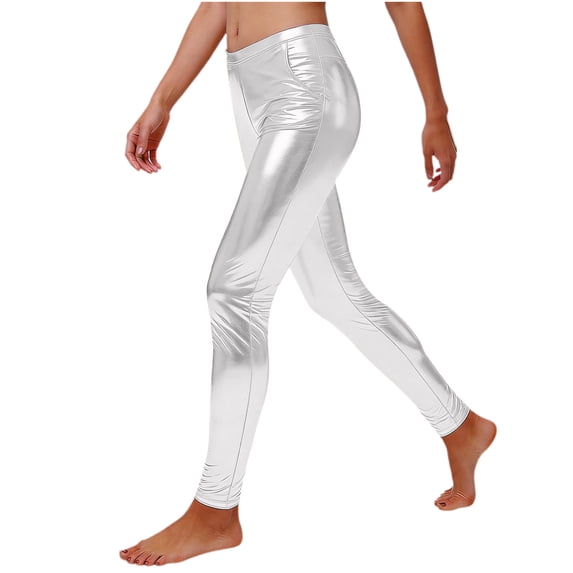 Womens Shiny Metallic Leggings Spring Summer High Waist Stretch Tights Workout Club Party Pants with Pockets White L