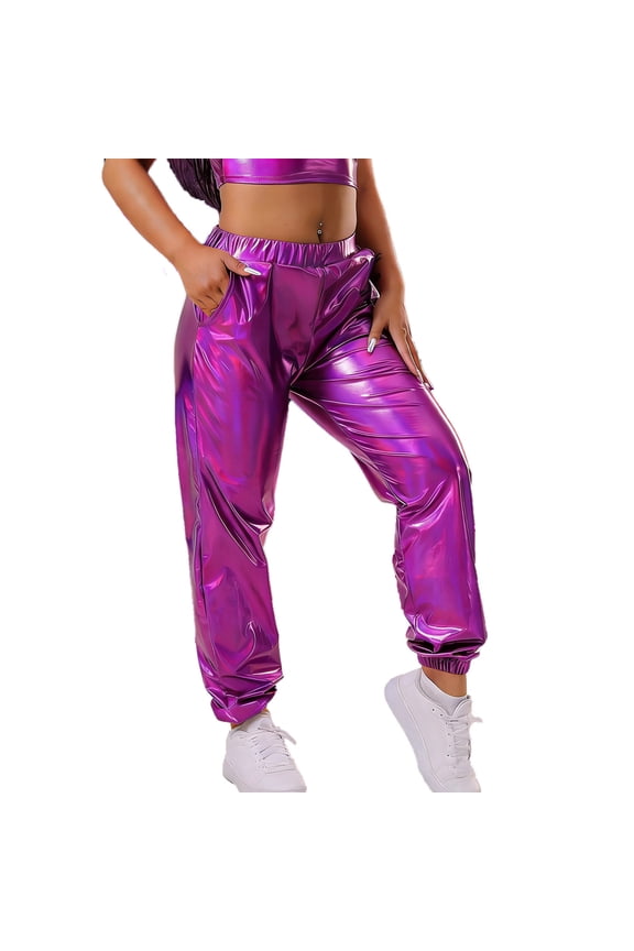 Womens Shiny Metallic Pants, Holographic Disco Sweatpant for 70s 80s Alien Space Cowgirl Halloween Costume