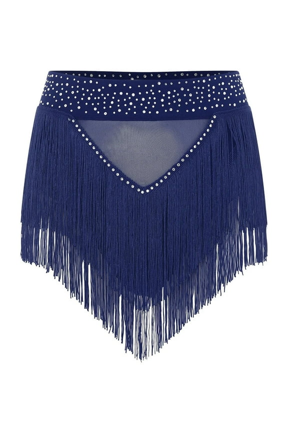 Womens Shiny Rhinestone Tassel Fringe Dance Skirt Ballroom Latin Salsa Tango Samba Rumba Dancing Performance Costume