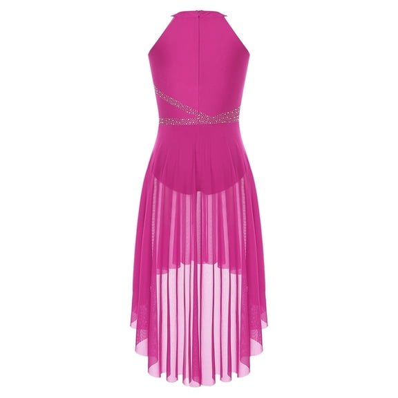 Womens Shiny Rhinestones Gymnastics Artistic Figure Skating Costume Ruched Mesh Skirt Ballet Tutu Lyrical Modern Dance Dress