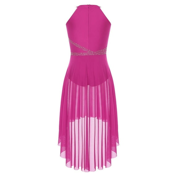 Womens Shiny Rhinestones Gymnastics Artistic Figure Skating Costume Ruched Mesh Skirt Ballet Tutu Lyrical Modern Dance Dress