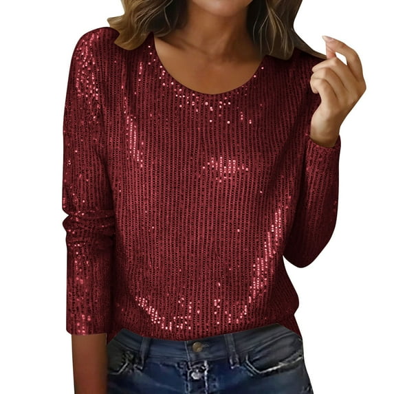 Womens Shiny Sequin Blouse Crew Neck Long Sleeve Shirts Fashion Loose Tops Glitter Concert Party Disco Going Out Outfits