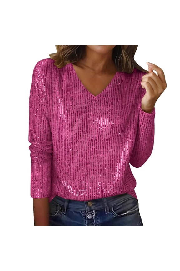 Womens Shiny Sequin Blouse V Neck Long Sleeve Shirts Sparkly Evening Concert Party Club Holiday Spring Top