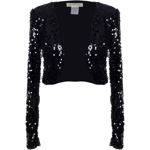 Womens Shiny Sequin Long Sleeve Cropped Blazer Bolero Shrug X-Large Black