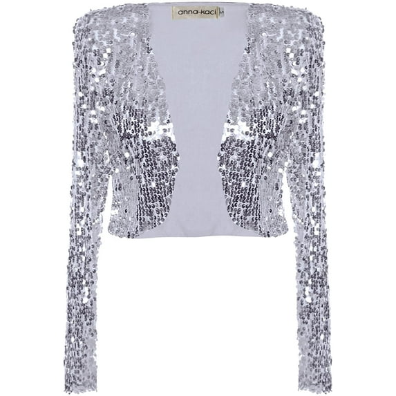 Womens Shiny Sequin Long Sleeve Cropped Blazer Bolero Shrug XX-Large Silver