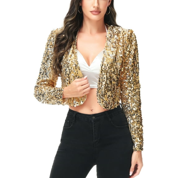 Womens Shiny Sequin Long Sleeve Glitter Cropped Blazer Bolero Shrug, Gold, Medium