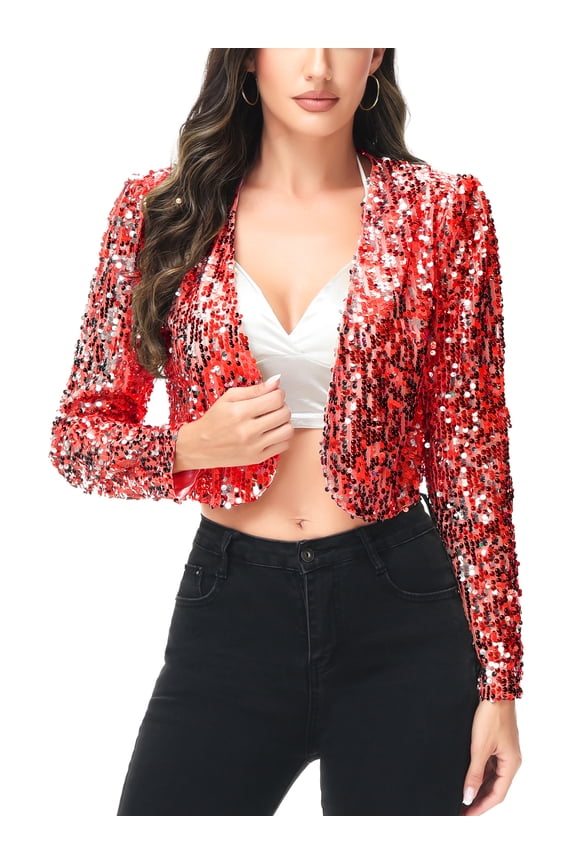 Womens Shiny Sequin Long Sleeve Glitter Cropped Blazer Bolero Shrug, Mermaid, Large