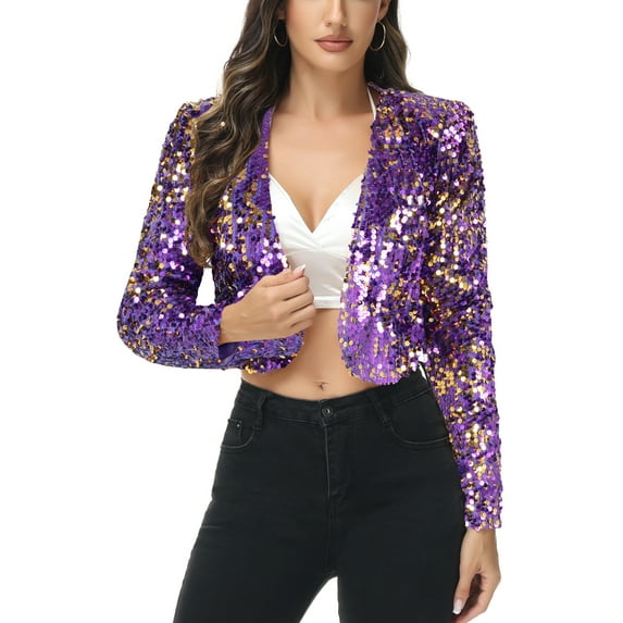 Womens Shiny Sequin Long Sleeve Glitter Cropped Blazer Bolero Shrug, Purple, Medium
