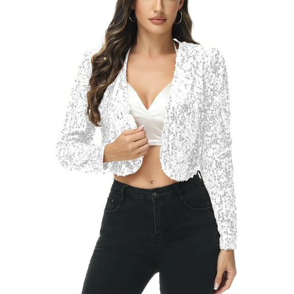Womens Shiny Sequin Long Sleeve Glitter Cropped Blazer Bolero Shrug, White, X-Large