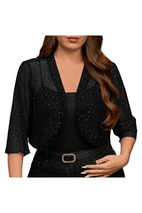 Womens Shiny Sequin Mesh Bolero Shrug 3/4 Sleeve Open Front Cropped Sheer Cardigans Lightweight Summer Party Wedding Coverup Crop Tops,Black,L