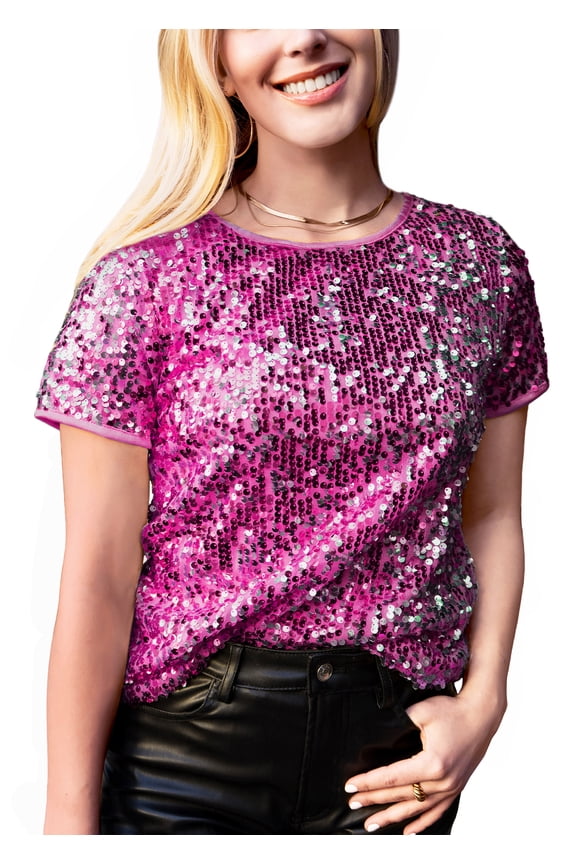 Womens Shiny Sequin Top Round Neck Short Sleeve Lightweight Sparkly Party Tunic Tops, Fuschia, Medium