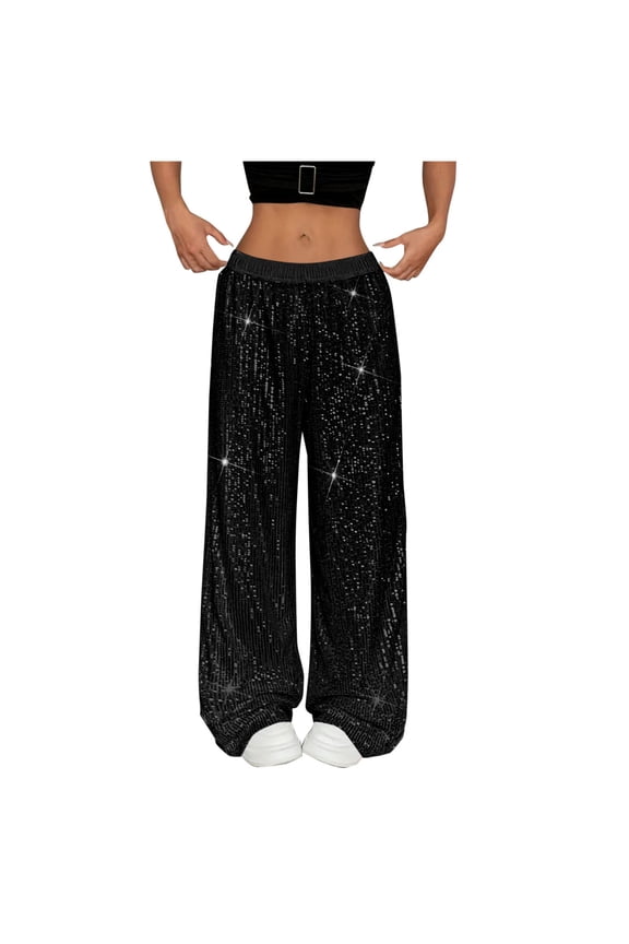 Womens Shiny Sequin Wide Leg Pants Loose Fit Elastic Waist Sparkly Glitter Baggy Trousers 70S Disco Party Club Palazzo Pants with Pockets