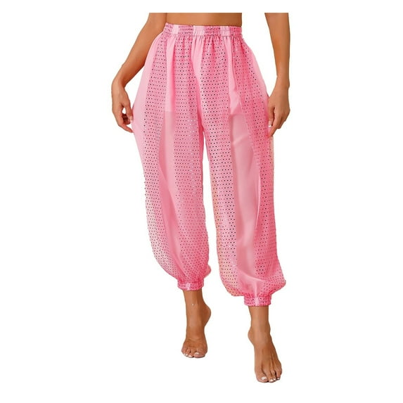 Womens Shiny Sequined Dots Pants Belly Dance Harem Trousers Costume Lantern Pants Semi See-Though Bloomers