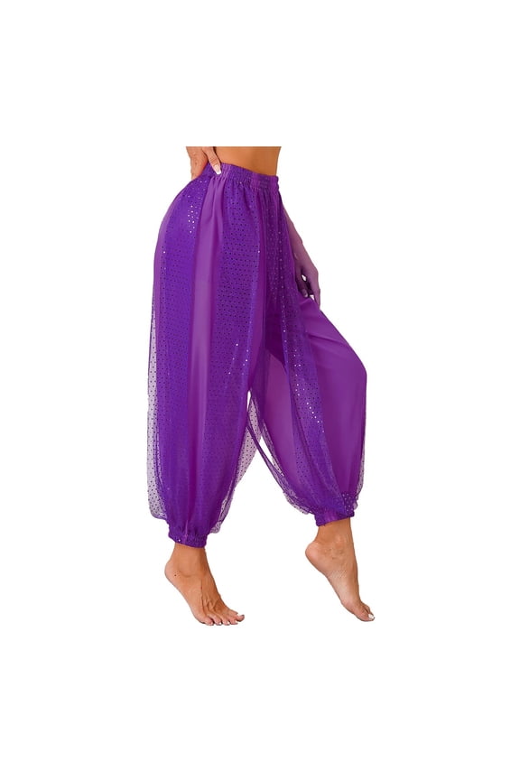 Womens Shiny Sequined Dots Pants Belly Dance Harem Trousers Costume Lantern Pants Semi See-Though Bloomers