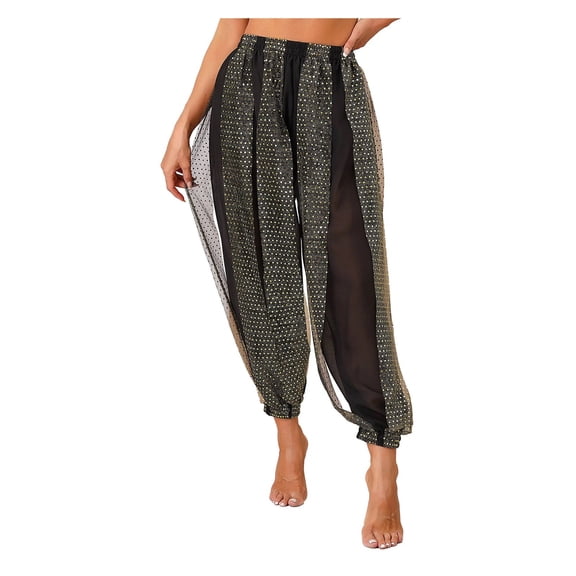 Womens Shiny Sequined Dots Pants Belly Dance Harem Trousers Costume Lantern Pants Semi See-Though Bloomers
