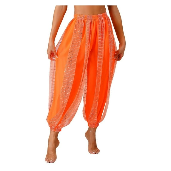 Womens Shiny Sequined Dots Pants Belly Dance Harem Trousers Costume Lantern Pants Semi See-Though Bloomers
