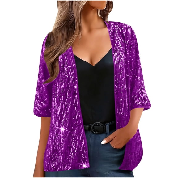 Womens Shiny Sequins Cardigan, Sparkly Cardigans for Women Summer Fashion Solid Color Open Front 3/4 Sleeve Shirts