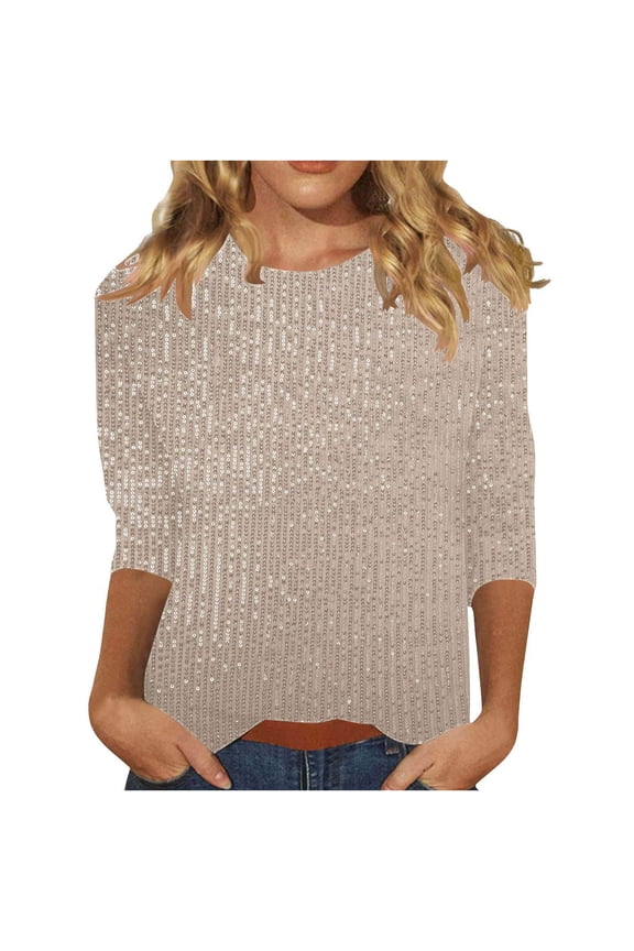 Womens Shiny Sequins T-Shirts, Sparkly Tops for Women Summer Fashion Loose Fit Solid Color Crewneck 3/4 Sleeve Shirts for Party