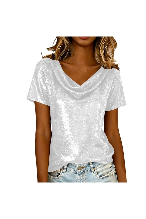 Womens Shiny Sparkly Tops, Short Sleeve Shirts for Women Summer Fashion Solid Color Cowl Neck Dressy Blouses for Party