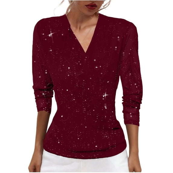 Womens Shiny Tunic Top with Legging, 3/4 Sleeve Shirts for Women Fall Fashion Sparkly Solid Color V Neck Dressy Blouses