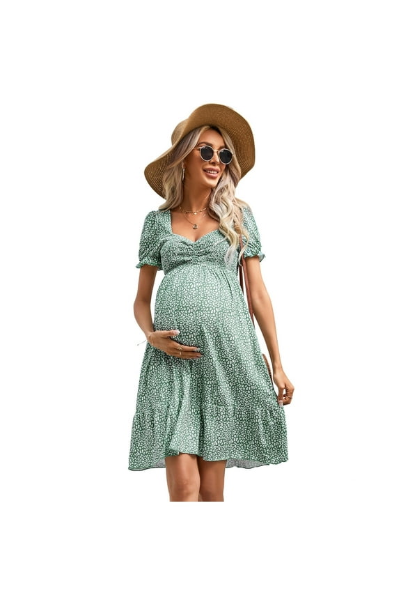Womens Shirred Maternity Dresses Short Sleeve Dresses with Ruffe Trim Ruched Flounce Hem Dress