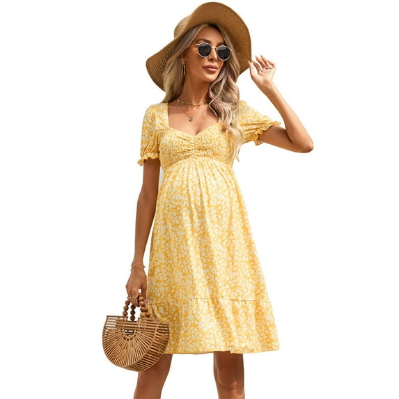 Womens Shirred Maternity Dresses Short Sleeve Dresses with Ruffe Trim Ruched Flounce Hem Dress