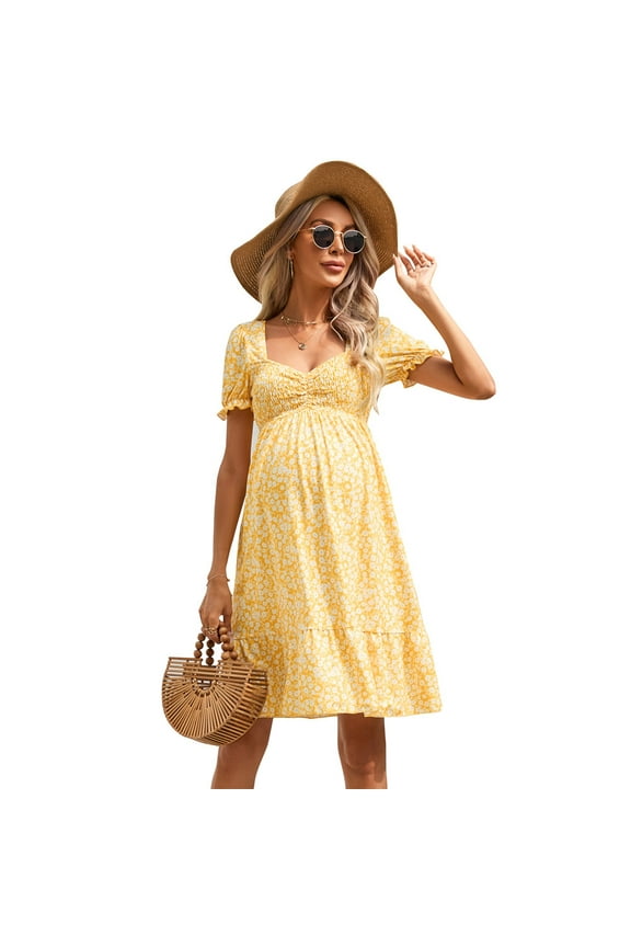 Womens Shirred Maternity Dresses Short Sleeve Dresses with Ruffe Trim Ruched Flounce Hem Dress
