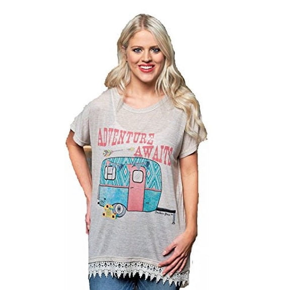 Womens Shirt Adventure Awaits Camper Short Sleeve Tunic Lace Top Turquoise Blue Peach