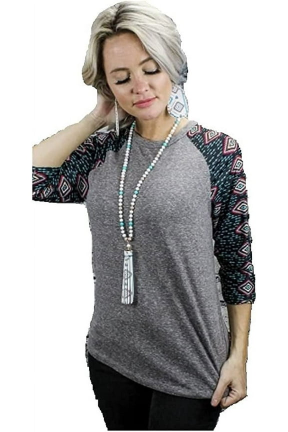 Womens Shirt Aztec Ladies 3/4 Sleeves Geometric Western Top Gray Medium or Large