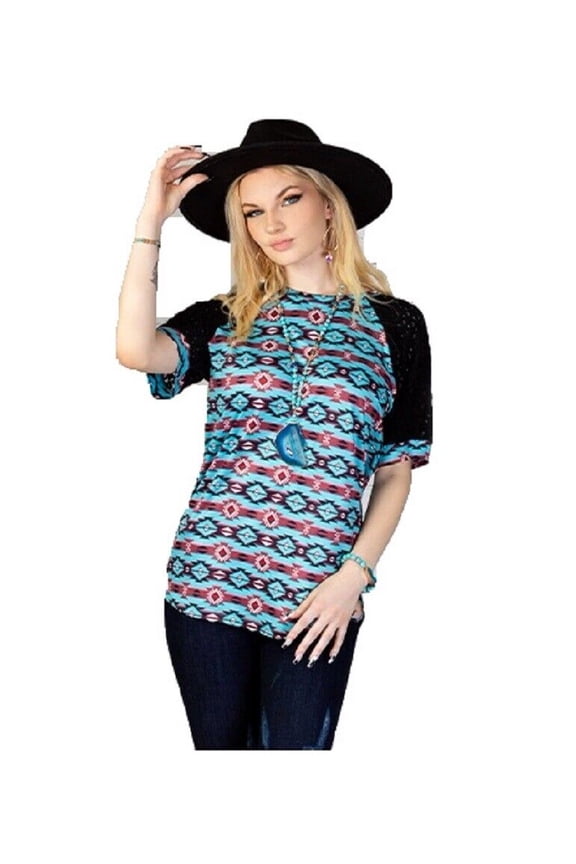 Womens Shirt Aztec Ladies Lace Short Sleeves Geometric Top Blue Black S-3X