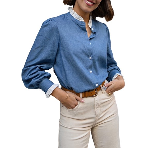 Womens Shirt Button Down Long Sleeve Ruffled Edge Blouses Tops Blue S