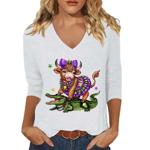 Womens Shirt Carnival Print V Neck Three Quarter Sleeve Festive Plus Size Womens Clothing,White,L