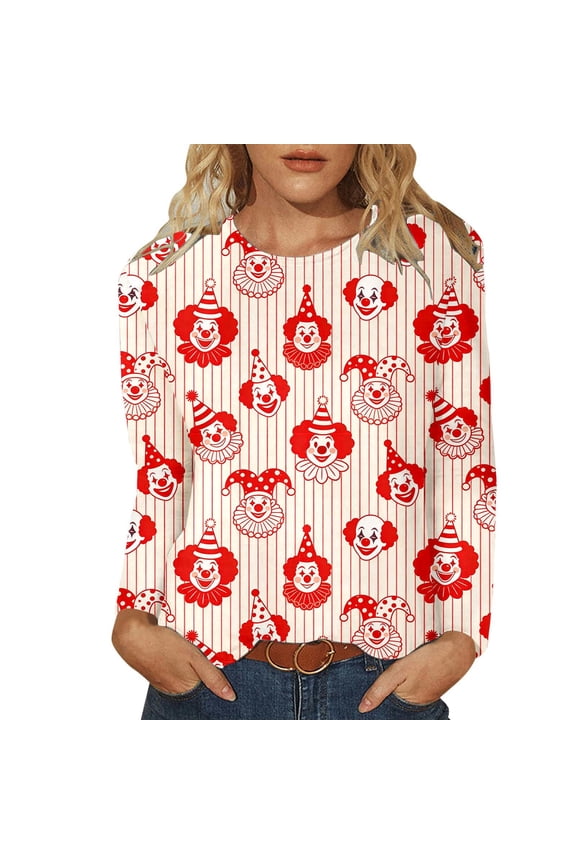 Womens Shirt Casual Striped Clown Print Long Sleeve Crewneck Soft Blended Ladies Clothing,Red,3XL