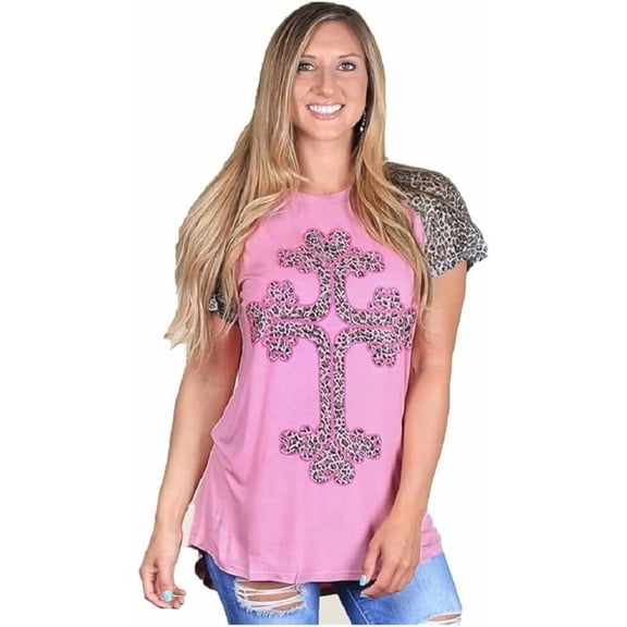 Womens Shirt Cheetah Cross Leopard Hi Low Short Sleeve Top Pink