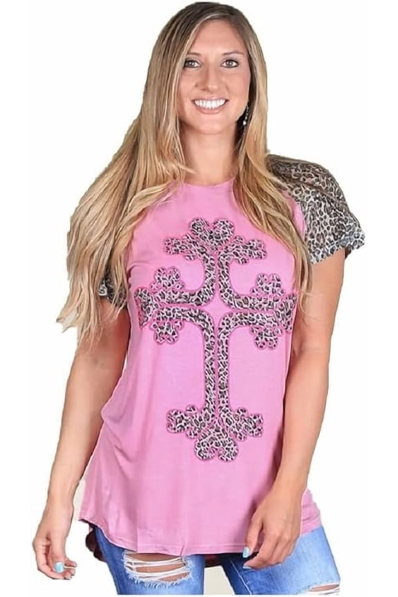Womens Shirt Cheetah Cross Leopard Hi Low Short Sleeve Top Pink