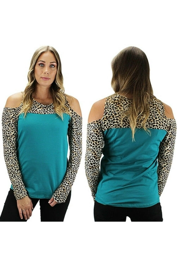Womens Shirt Cheetah Leopard Cold Shoulder Cut Out Long Sleeve Top Turquoise Blue S-2X
