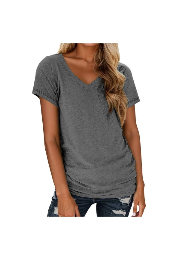 Womens Shirt Classic Solid Color Crew Neck Short Sleeve Soft Basic Ladies Clothing,Grey,2XL