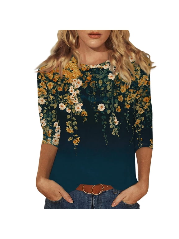 Womens Shirt Fashion Short Sleeve Round Neck Printed Versatile Stylish Womens Workout Shirt,Navy,L