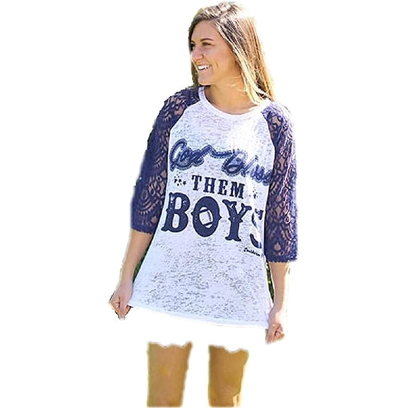 Womens Shirt God Bless Them Boys Lace Sleeve Burnout Top Navy Blue White S-2X