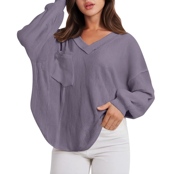 Womens Shirt Knit Pocket Puff Sleeves Loose Fit Tunic Elegant Style Ladies Blouse,Purple,M