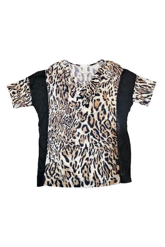 Womens Shirt Leopard Lace Cheetah Cowl Neck Short Sleeve Top Brown Black 1X-2X