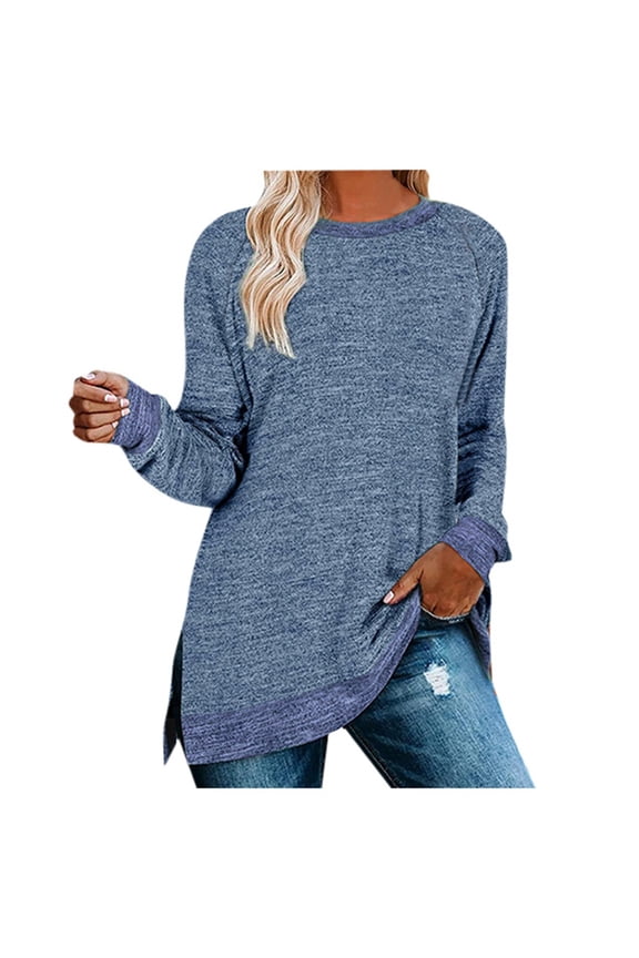 Womens Shirt Long Sleeve Split Color Block Round Neck Rugby Shirt for Women,Blue,M