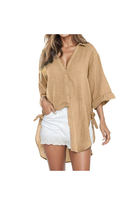 Womens Shirt Loose Button Long Dress Womens Blouse,Coffee,5XL